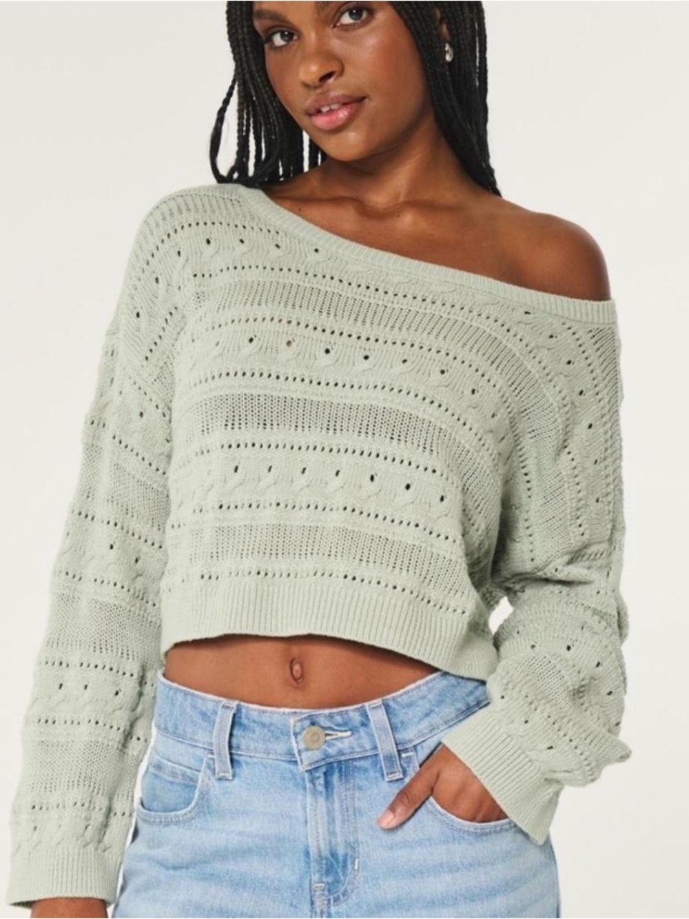 Women’s size XXS Hollister cropped off the shoulder green crochet style sweater